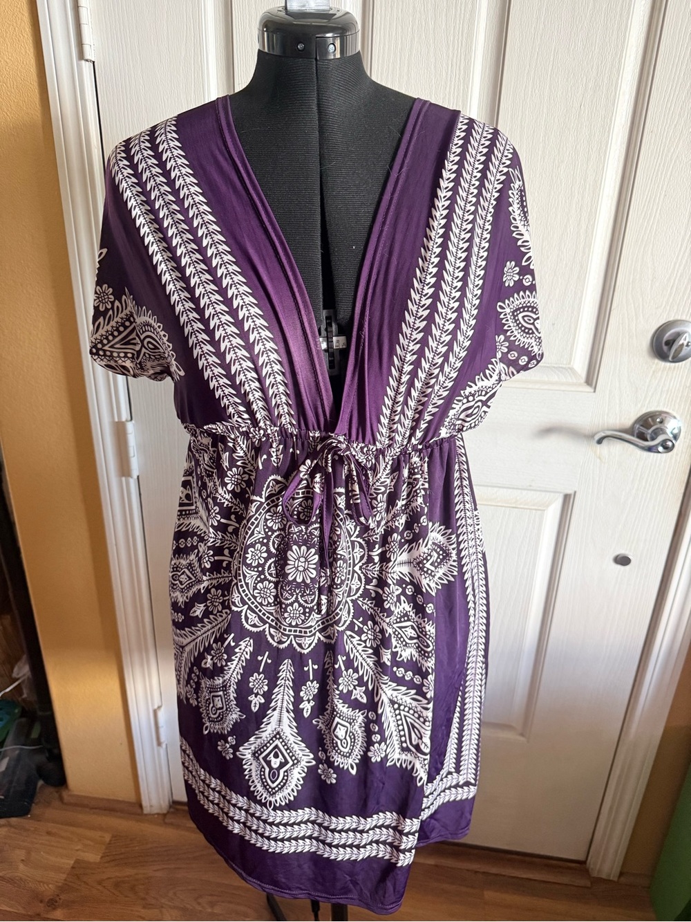 Purple Paisley V-Neck Women’s Swim Coverup with Drawstring Waist